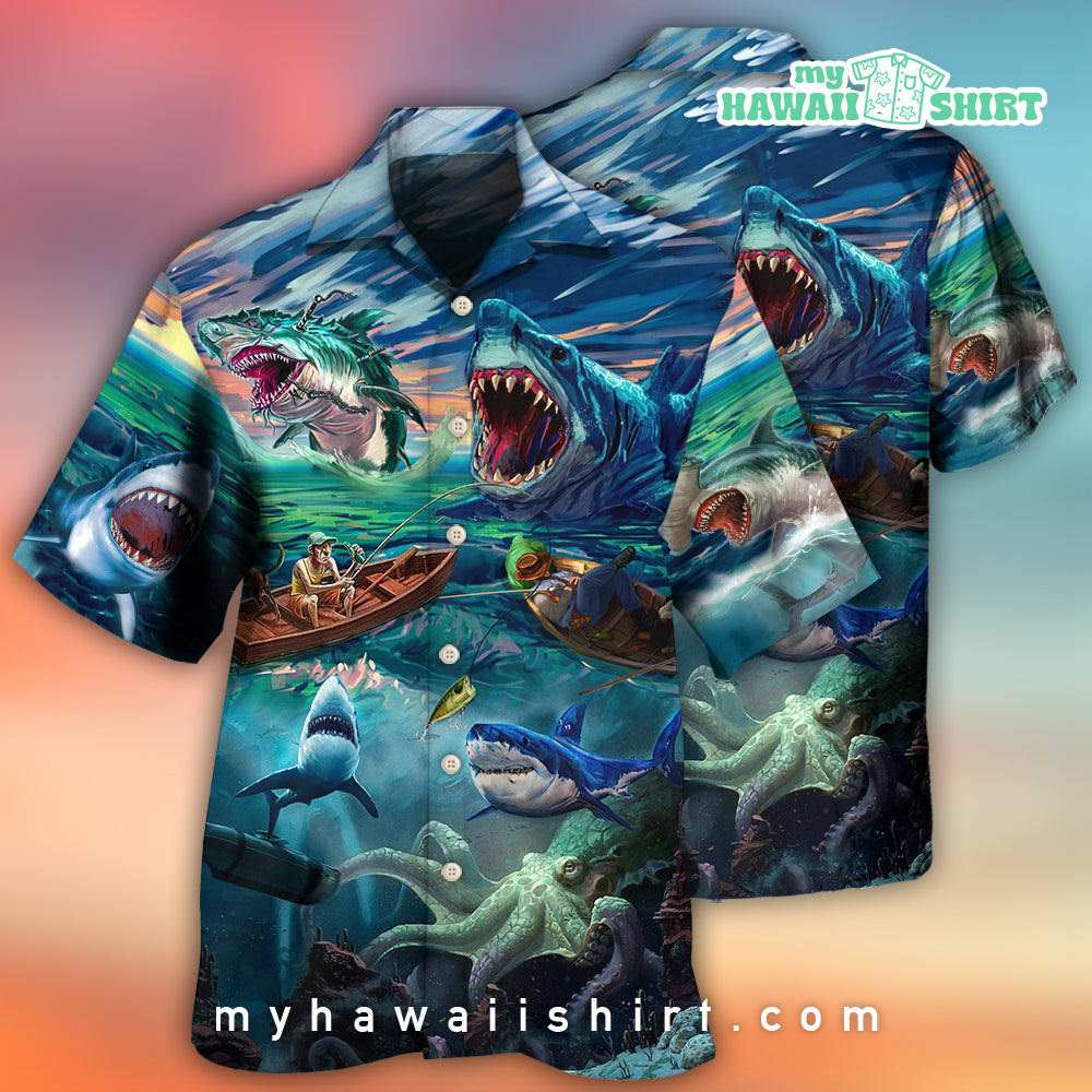 Fishing Shark Crazy Art Style Hawaiian Shirt - My Hawaii Shirt