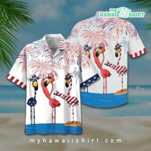 Flamingo American Flag Firework Hawaiian Shirt